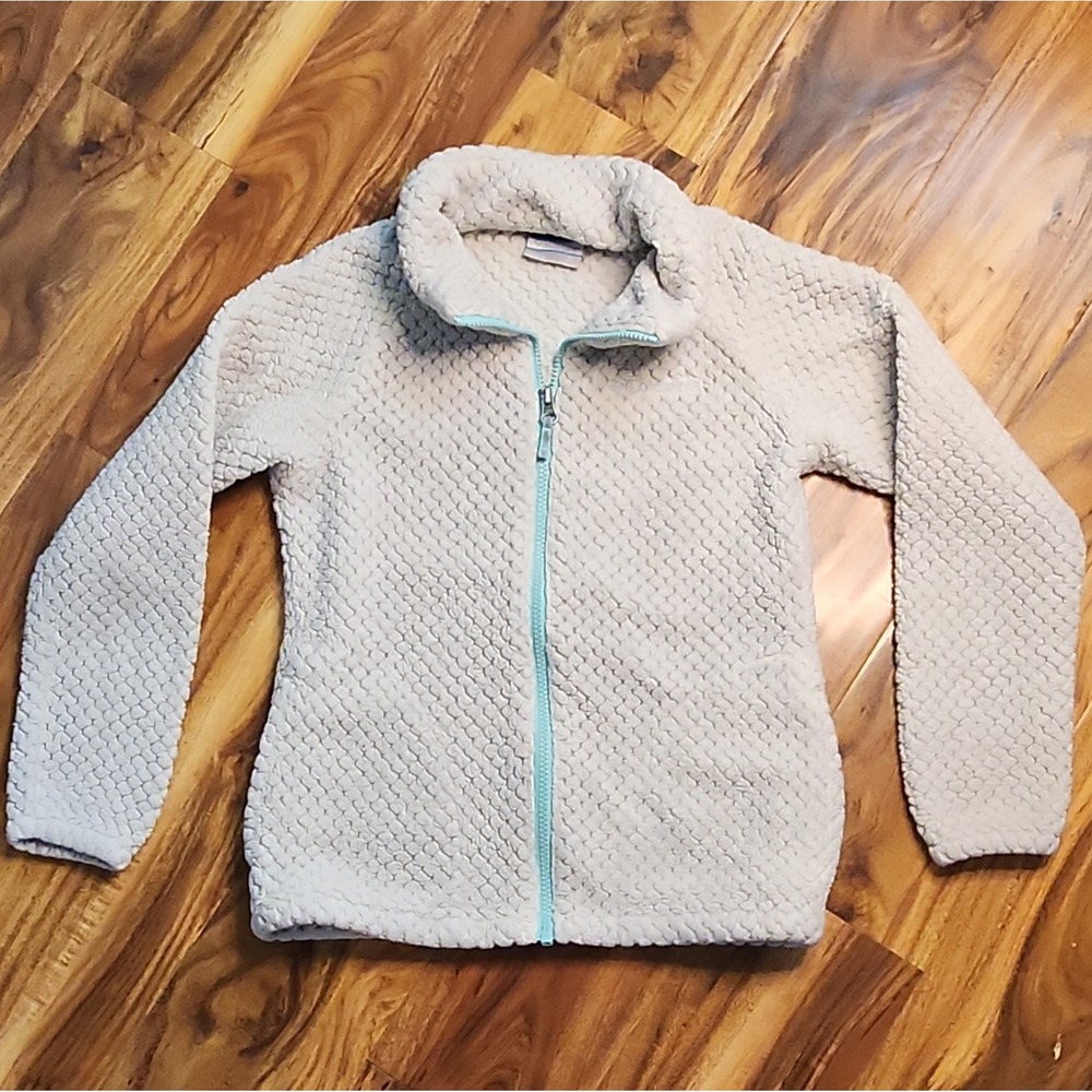 Columbia Kids M Beige/Turquoise Sherpa Fleece Full Zip Jacket Long Sleeve Hiking